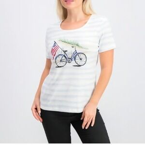 Karen Scott Americana Bicycle Graphic Tee Patriotic USA Top Striped PP (0-2) NWT